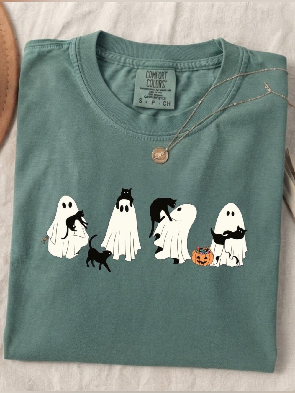 Cute Ghost Black Cat Comfort Colors T-Shirt Green Fall Tee Halloween